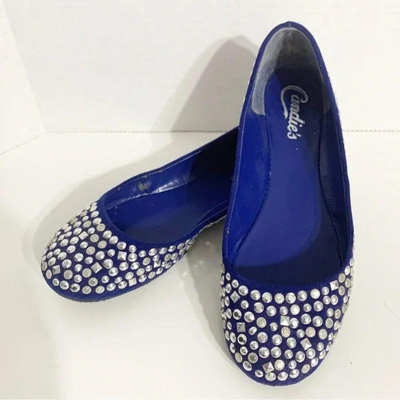 Candies Faux Suede Covered in Silver Toned Studs Rounded Toe Ballet Flats Royal - Picture 2 of 13